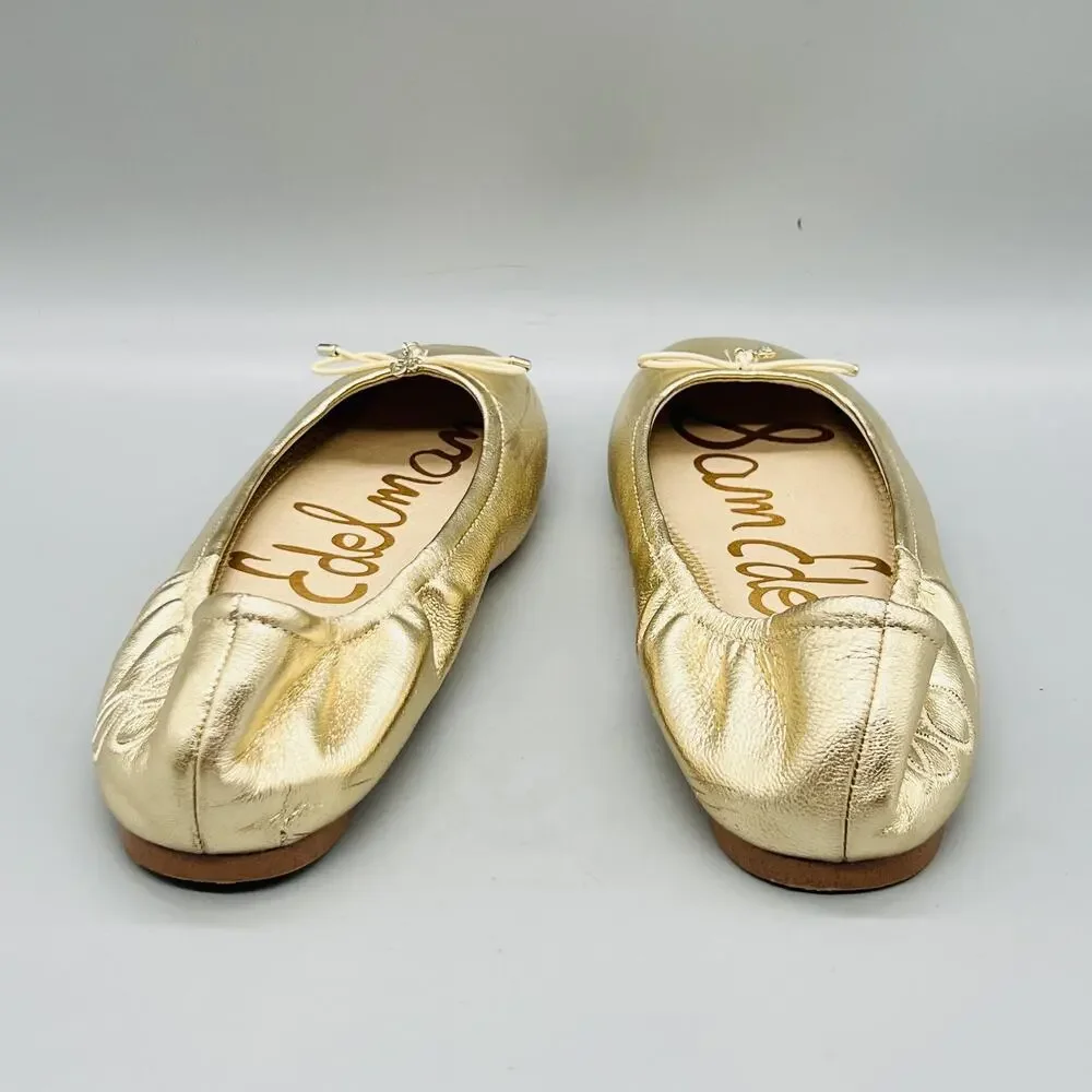 Sam Edelman Shoes Girls 4 Gold Metallic Ballet Flats Bow Slip On Dressy Casual